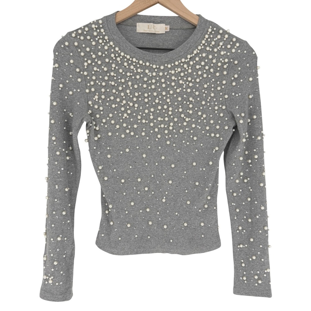 Lizette Collection Gray Ribbed Pearl Rhinestone Embellished Top Glam Long Sleeve